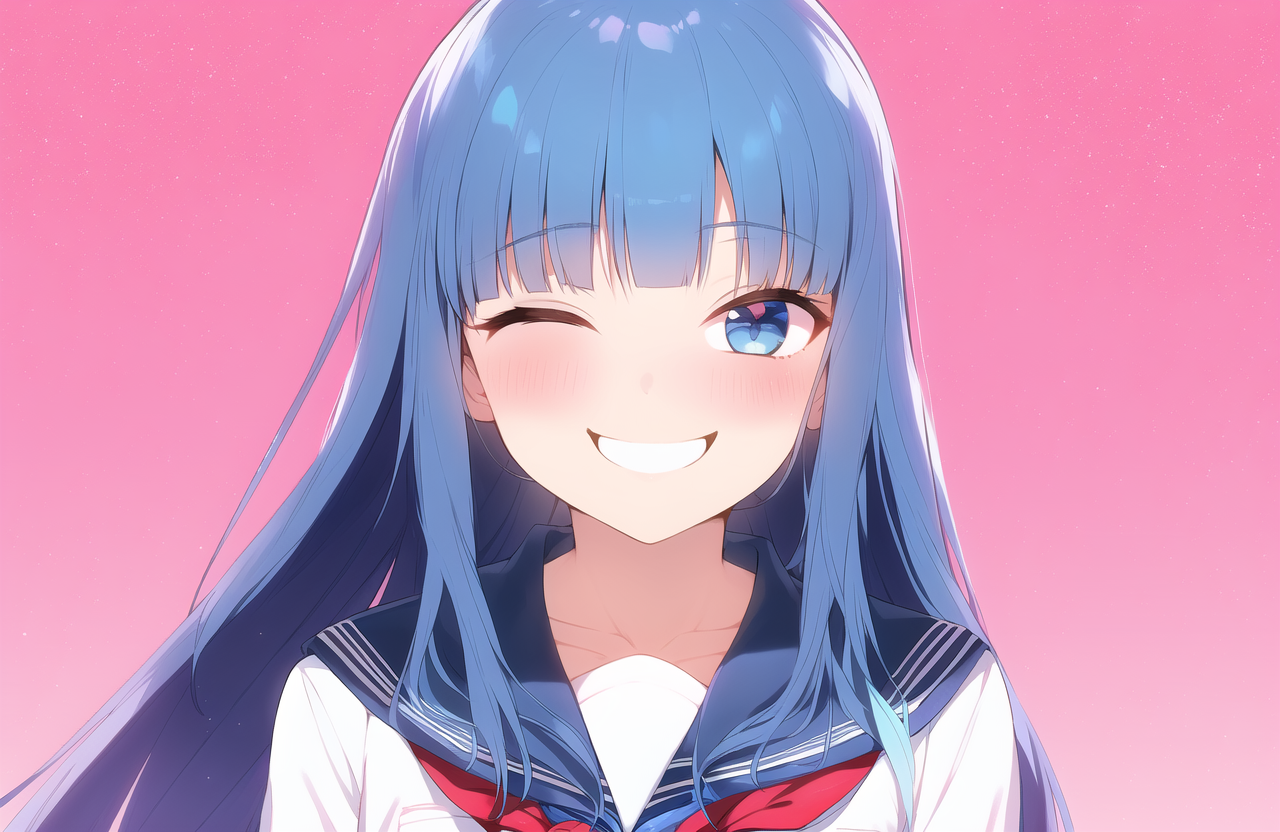 long hair, blue hair, straight hair, lights, wink, smile, day, happy, cute, scho s-1480310868